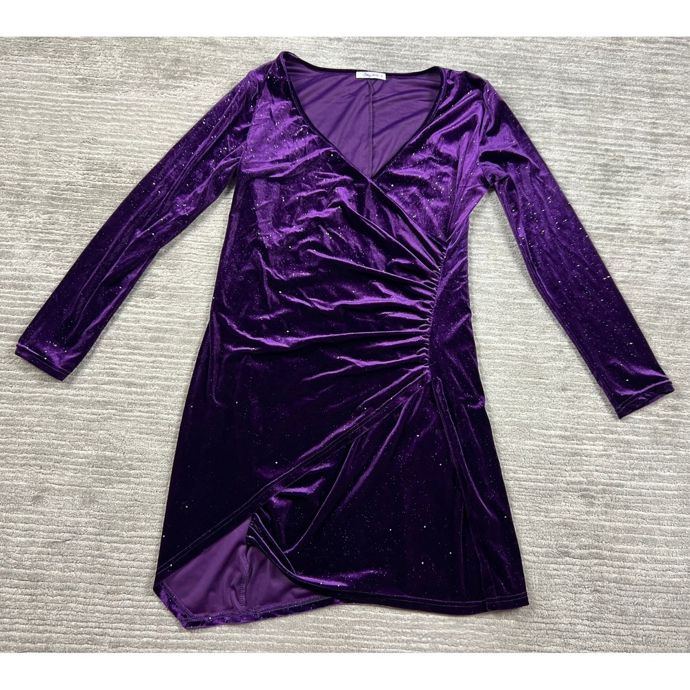 Sexyasasii Dress Womens XL Purple Glitter Velvet Ruched V-Neck Long Sleeve Mini